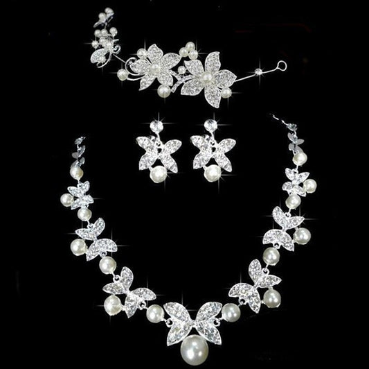 Butterfly Bridal Jewelry Set Chain Pearl Jewelry Three Piece