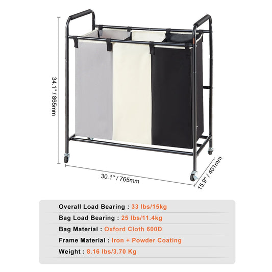 VEVOR 3-Section Laundry Basket, Heavy Duty Laundry Hamper Storage Organizer, Laundry Sorter USA Only – Fast 3–7 Days Delivery!"